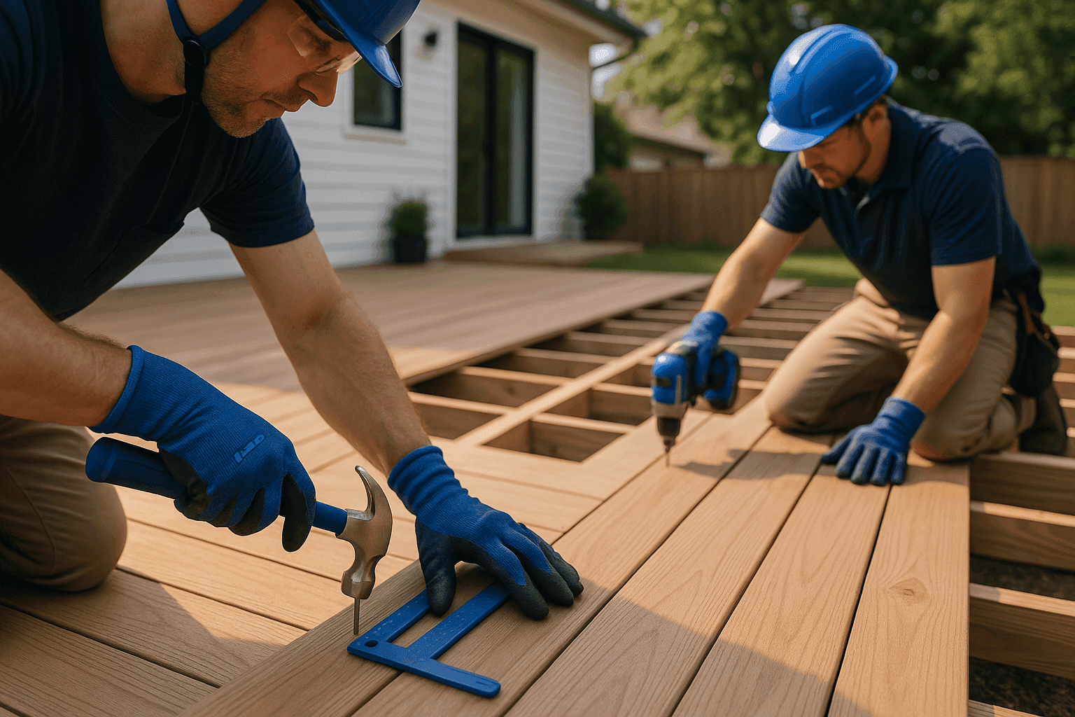 Two OSHA-compliant workers installing residential wooden deck in clean backyard