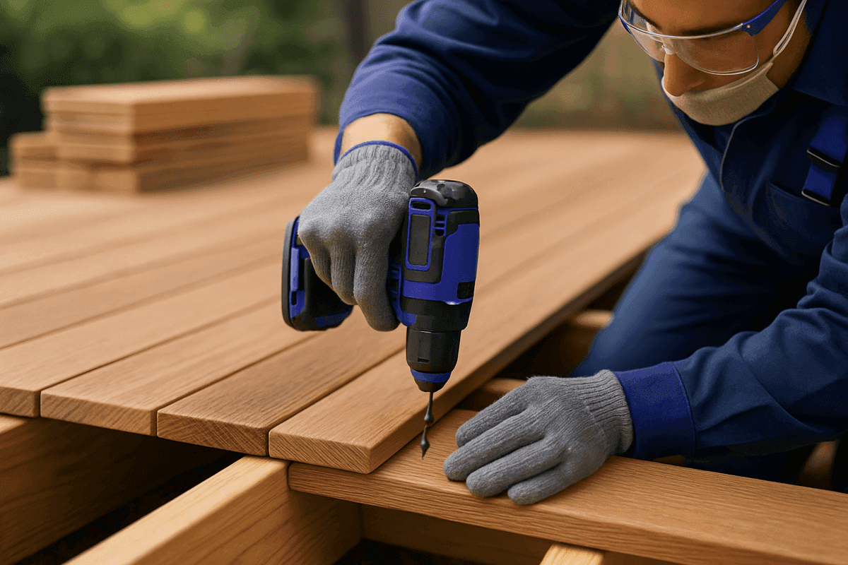 Close-up of gloved hands fitting wooden deck board with cordless drill outdoors