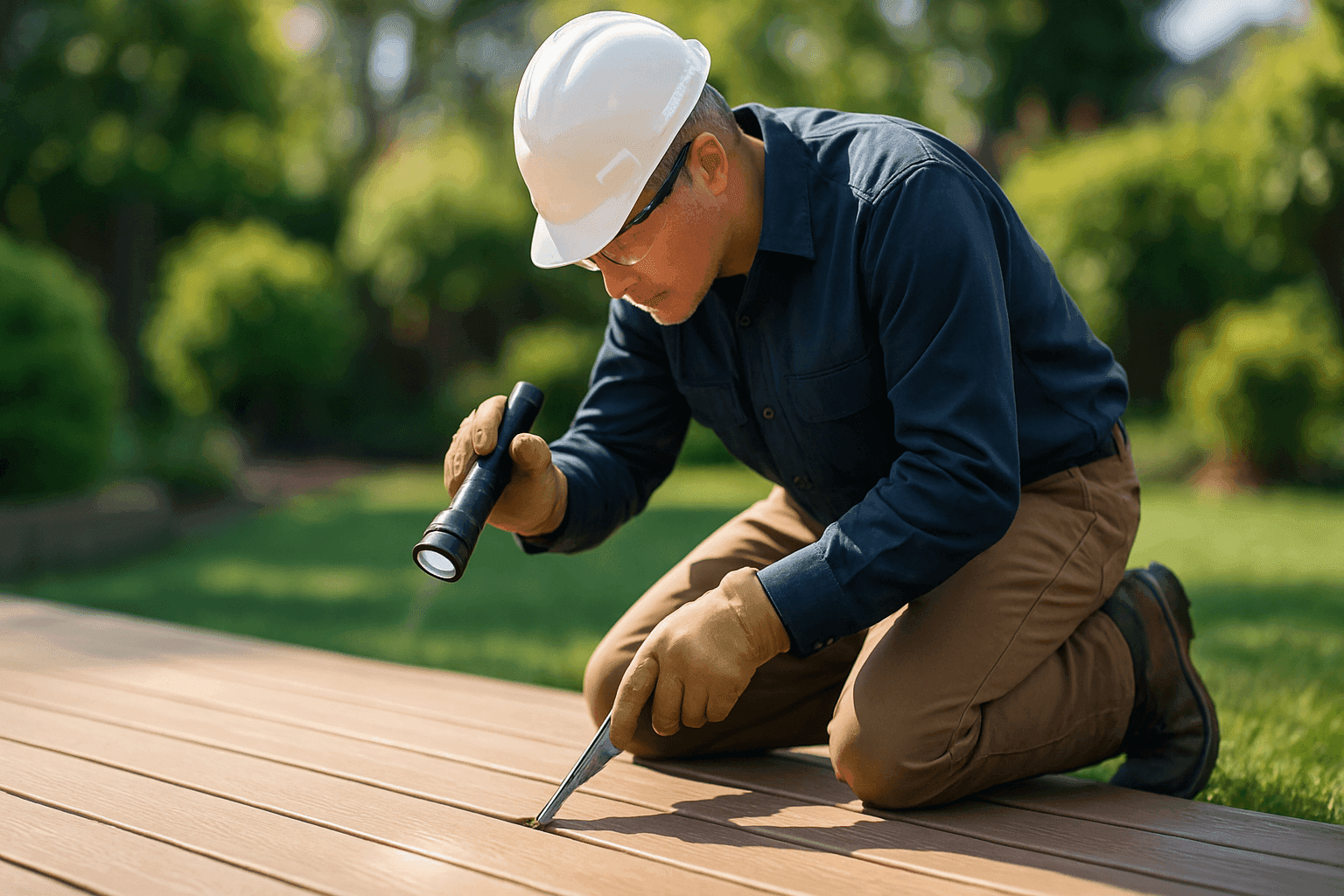 Professional inspecting a residential deck for maintenance issues