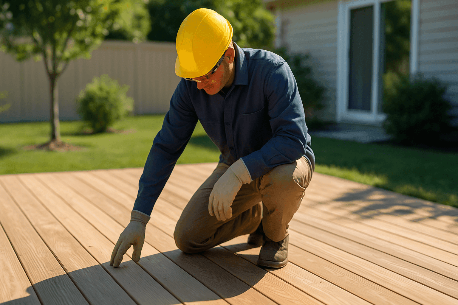 Técnico inspeccionando y limpiando una terraza residencial de madera bajo la luz del sol